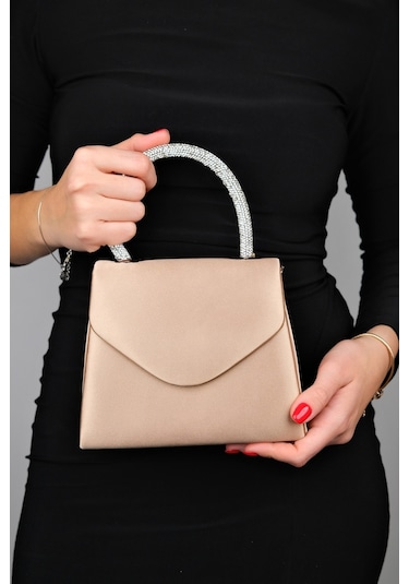 Luvishoes Monako Koyu Bej Saten Taşlı Kadın El Çantası Koyu Bej