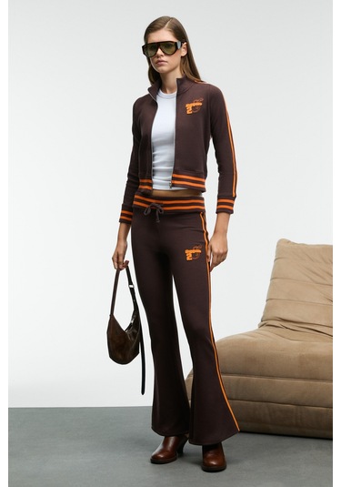 Grımelange Talysse Kadın Fermuarlı Dik Yakalı Etek Ucu Manşetli Trikolu Kahverengi Ceket Kahverengi