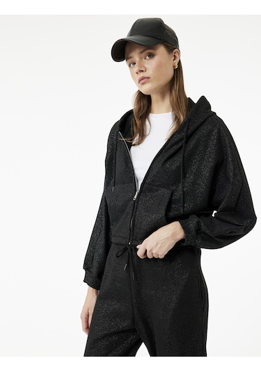 Koton Şardonlu Kapüşonlu Baskılı Cep Detaylı Fermuarlı Sweatshirt Siyah 6wal10488ık Siyah