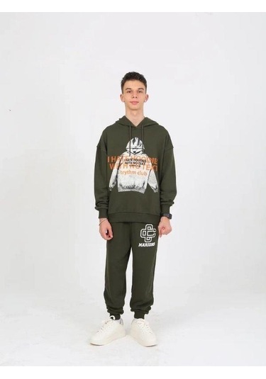 Erkek Çocuk Kapüşonlu Not Hoodies Yazılı Sweatshirt-15230 Haki