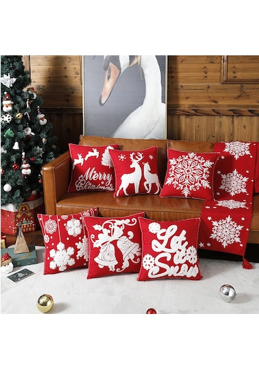 Ranyeek Noel Ev Dekorasyonu Kumaş Yastık Kılıfı, Pamuk Kumaşı, 45x45 Cm, Havlu Dikiş Desenli, Gizli Fermuar, Yıkama Kolay, Noel Stili Ev Dekoru Diğer