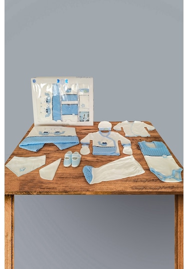 10 Parça Mavi Kedili Hastane Çıkışı Erkek Bebek Giyim Mavi