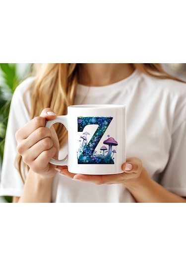 Z Baş Harfi Fantastik Mantarlı Kupa Bardak - Kişiye Özel Masalsı Bardak - Hediye Beyaz