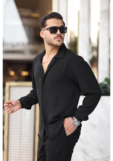 Tex Republic Erkek Siyah Rahat Kesim Dokulu Oversize Salaş Aerobin Gömlek Siyah
