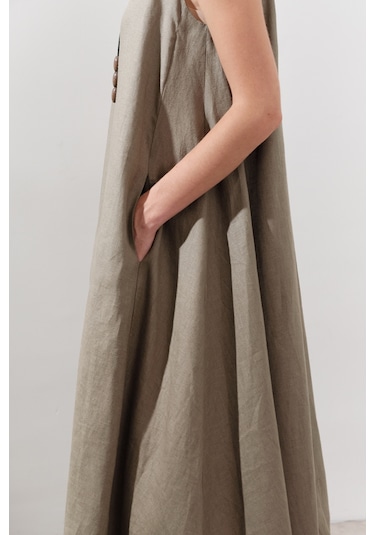 Keten Büzgülü Geniş Elbise Haki Haki
