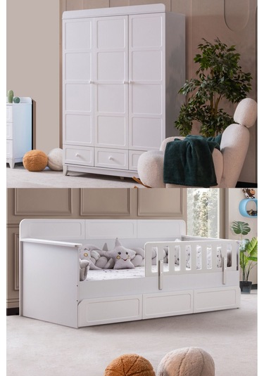 Mira Çocuk Odası Takımı, Mira Yavrulu Karyola, Berlin 3 Kapaklı Dolap - Beyaz Renkli