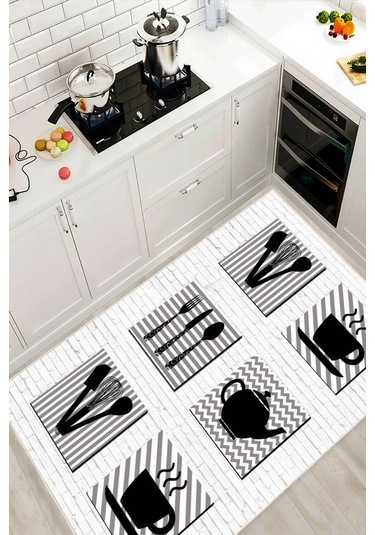 Dijital Baskılı Dekoratif Kaymaz Taban Yıkanabilir Mutfak Eşyası Desenli Halı Mutfak Halısı Yolluk Salon Halısı Gri