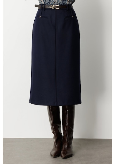 Ekol Kadın Beli Kemerli Yırtmaçlı Midi Etek 2009 Lacivert Lacivert
