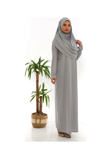 Tek Parça Namaz Elbisesi Gri-21001 Gül Kurusu