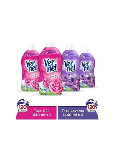Vernel Max Konsantre Çamaşır Yumuşatıcısı Taze Gül 2 x 1440 ML + Taze Lavanta 2 x 1440 ML