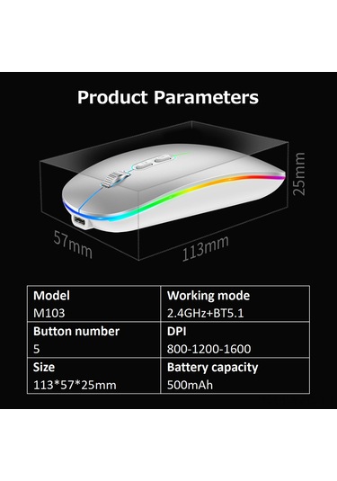 Yuntech01 M103 İkili Modlu Kablosuz Fare - 2.4g+bt5.1, Sessiz Ofis Kullanıma Uygun, 3 Seviye Ayarlanabilir Dpı, 500mah Şarj Edilebilir Pil, Gümüş
