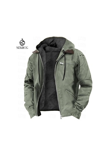 Düz Renk Kapüşonlu Pamuklu Gündelik Erkek Fermuarlı Cepli Ceket Yeşil
