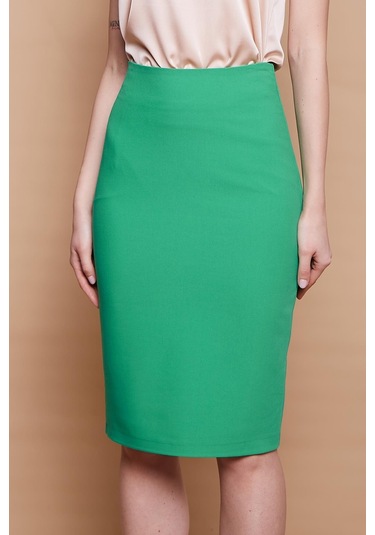 Astarlı Yüksek Bel Diz Altı Hafif Likralı Yırtmaçlı Kumaş Ofis Kalem Etek-b.yeşil - B.yeşili Yeşil