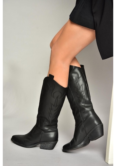 Fox Shoes T404401209 Siyah Kovboy Model Kadın Çizme Siyah-Suni Deri