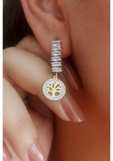 Altın Kaplama Hayat Ağacı Detaylı Zirkon Taşlı Çelik Küpe - Standart Altın