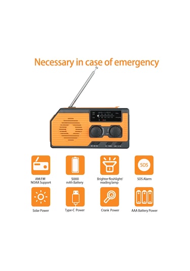2022 Yeni Noaa Acil Durum Çok İşlevli Güneş Enerjili El Kranklı Radyo Okuma Işığı El Kranklı Mobil Güç Kaynağı Turuncu Am/fm Noaa Abd Versiyonu 5000mah