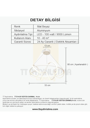 Tt314-By Tt Aydınlatma Büyük Sarmal Modeli Mat Beyaz Led Avize