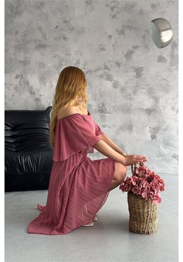 Kadın Astarlı Piliseli Şifon Elbise Dpk2099 Gülkurusu