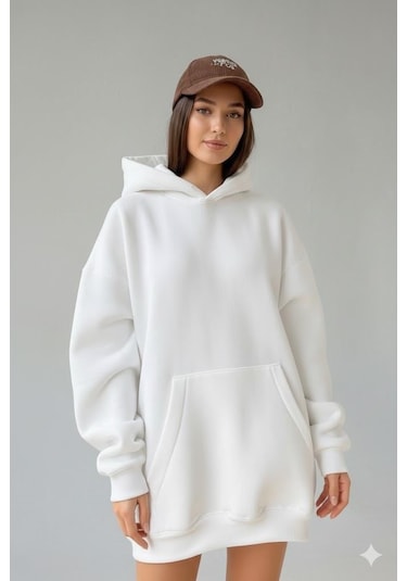Afri Kadın Oversize Beyaz Sweatshirt 3 İplik Şardonlu Kapüşonlu Cepli Rahat Kalıp Beyaz