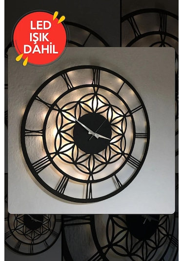 Led Işıklı Çiçek Duvar Saati Sessiz Dekoratif Modern Siyah Ahşap Siyah