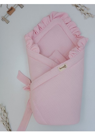 Ekru 4 Kat Müslin Bebek Battaniyesi %100 Pamuklu Doğal Organik Uyku Kundağı Hastane Çıkışı Yenidoğan Pembe