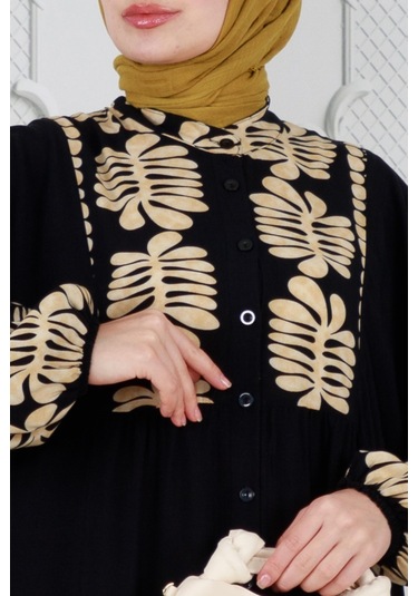 Yarasa Kol Karışık Desen Viscon Elbise-vizon-3799 - Vizon