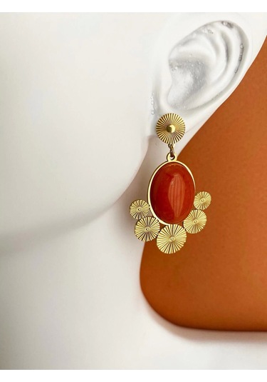 Turuncu Taşlı Vintage Çelik Küpe Çok Renkli