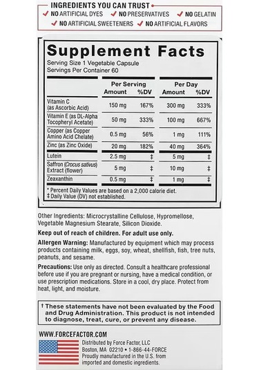Force Factor Eye Health Lutein Zeaxanthin Saffron Copper 60 Vegetable Caps