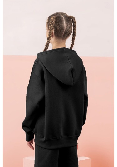 Kız Erkek Şardonsuz Kapüşonlu Fermuarlı Kolej Hırka Ceket 4012 Siyah