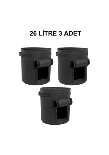 Grow Wizard Pencereli Kumaş Saksı Pot 26 Litre 3 Adet Siyah