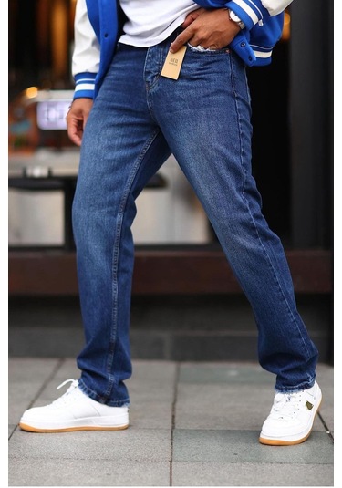 Lacivert Taşlamalı Bol Kalıp Kot Pantolon-Erkek Lacivert