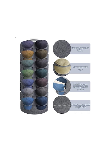 Geeroyoo Yumuşak Feltli Şapka Organizörü - Duvar/d Kapı Montajlı, 14 Şapka Kapasitesi, Şekli Koruyan Görünür Saklama Rafı Gri