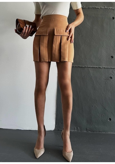 Kadın Camel Kargo Cep Detaylı Pileli Mini Etek-camel Camel