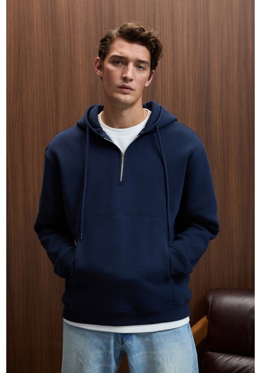 JUSTUS Erkek Kapüşonlu Kanguru Cepli Fermuar Yakalı Lacivert Sweatshirt