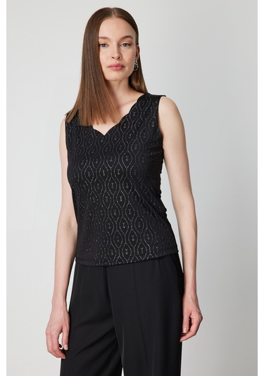 On Kadın Dilim Yaka Simli Bluz 61389 Siyah Siyah