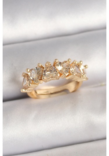 Pirinç Gold Renk Zirkon Taşlı Kalp Model Ayarlanbilir Kadın Yüzük - Tj-byk3700 Çok Renkli