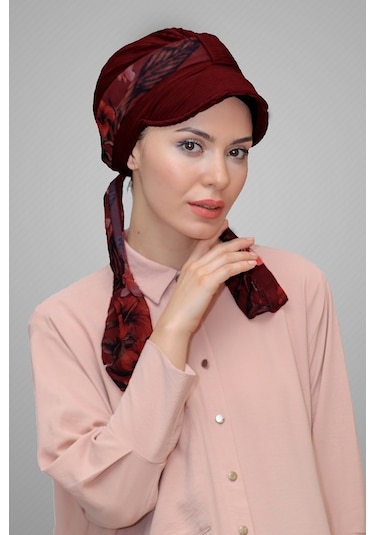Bordo Şapkalı Tesettür Bone Kesik Elyaf Desenli Şifon Kemerli 190 Bordo