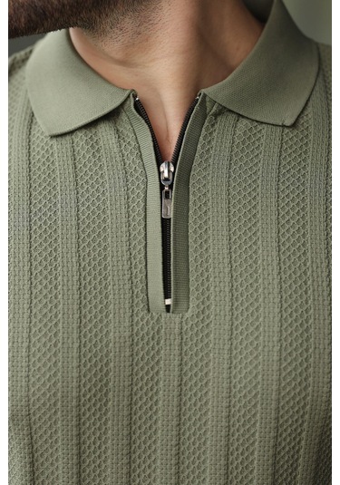 Haki Yarım Fermuarlı Polo Yaka Triko Kazak E7426 Haki