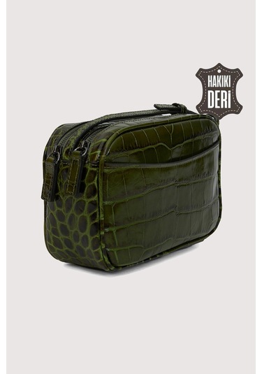 Hakiki Deri Kadın Çapraz Omuz Çantası Yeşil Kroko Smr8975 Yeşil Kroko