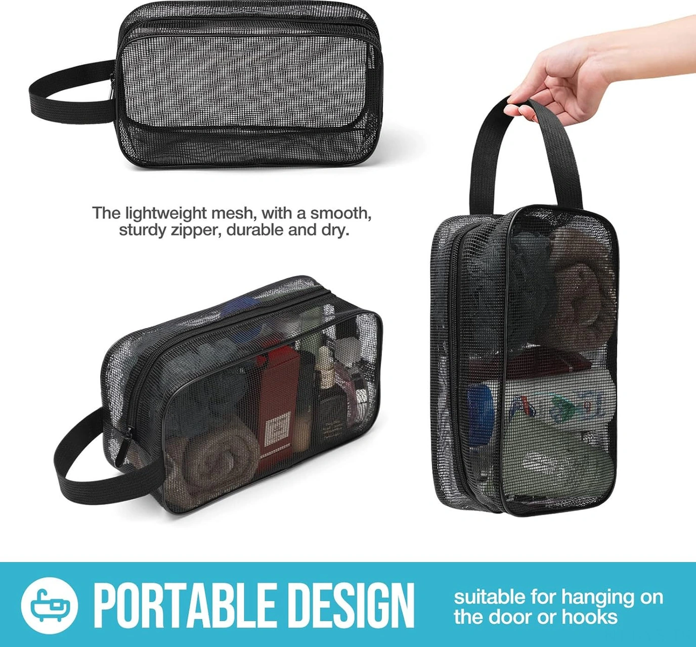 Yunboo Siyah Mesh Taşınabilir Kişisel Bakım Çantası - Tek Askılı Depolama Çantası Siyah