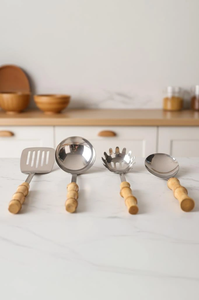 Bambum Mundo 4 Parça Bambu Saplı Çelik Mutfak Gereç Seti Çeyiz Seti Kaşık Kevgir Kepçe