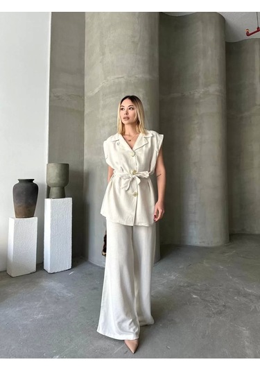 Keten Sıfır Kol Kuşaklı Ceket Pantolon İkili Takım - Beyaz Beyaz