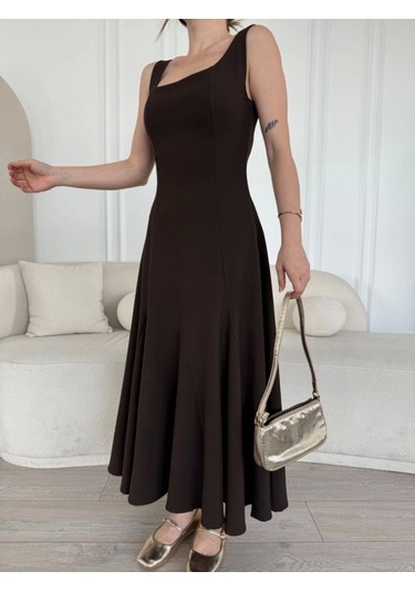 Sırt Dekolteli Kolsuz Uzun Elbise - Kahverengi Kahverengi