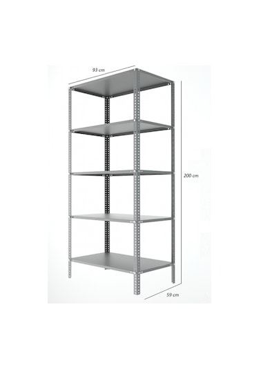 5 Katlı Gri Boyalı Çelik Raf - Depo, Arşiv, Kiler, Dosya, Market Rafı 59x93 Cm-200 Cm Gri