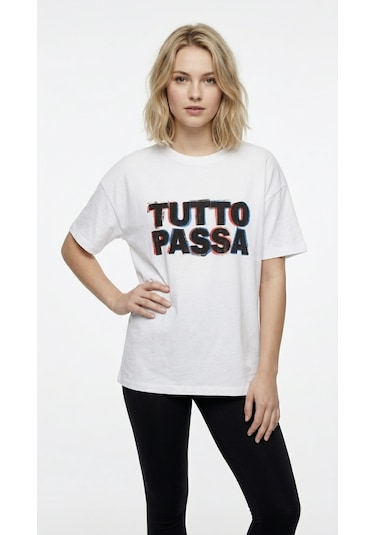 Hoxie Unisex Beyaz 'tutto Passa' Baskılı Oversize Tişört