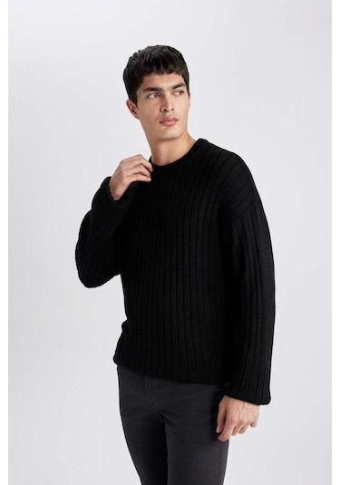 DeFacto Relax Fit Bisiklet Yaka Basic Düz Triko Kazak B9723AX24SPBK81