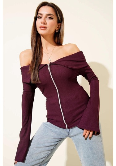 Omzu Açık Fermuarlı Bluz Mürdüm T4330 Mürdüm