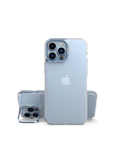 Ekılıf - İphone 13 Pro Max Uyumlu Kılıf Stand Olan Şeffaf Pürüzsüz Sert Skuba Kapak - Mavi