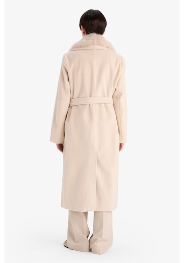 Defacto Regular Fit Suni Kürk Yaka Kuşaklı Kaşe Uzun Kaban F2811ax25wner128 Ekru-er128