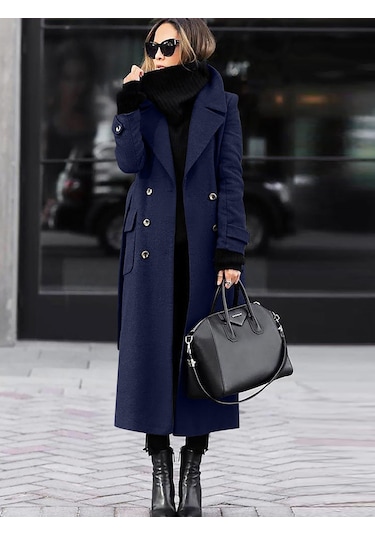 Kadın Sonbahar Ve Kış Yün Palto Koyu Mavi